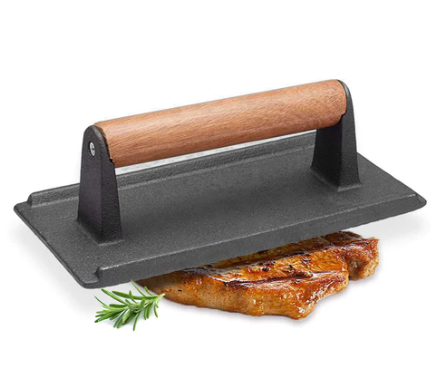 SOGA Cast Iron Bacon Meat Steak Press Grill BBQ with Wood Handle Weight Plate $49.90 (RRP $69.90) @ Hey Hey