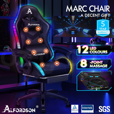 ALFORDSON Gaming Office Chair 12 RGB LED Massage Computer Seat Footrest Black $229.95 (RRP $999) @ eBay AU