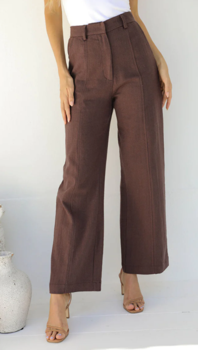 Camille Tailored Linen Pant Chocolate $60 (RRP $99.95) @ The Self Styler