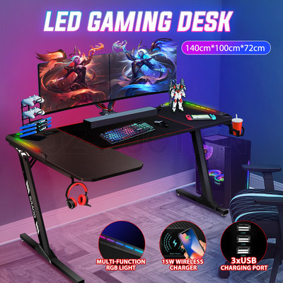 140CM Gaming Desk Computer Racer Table RGB LED Carbon Fiber USB Wireless Charger $239.95 (RRP $499.95) @ eBay AU