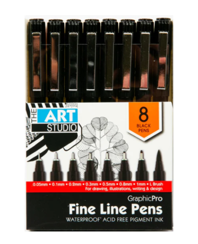 Art Studio Black Waterproof Pigment Liner Pens 8pk $24.99 (RRP $35.99) @ Riot Stores