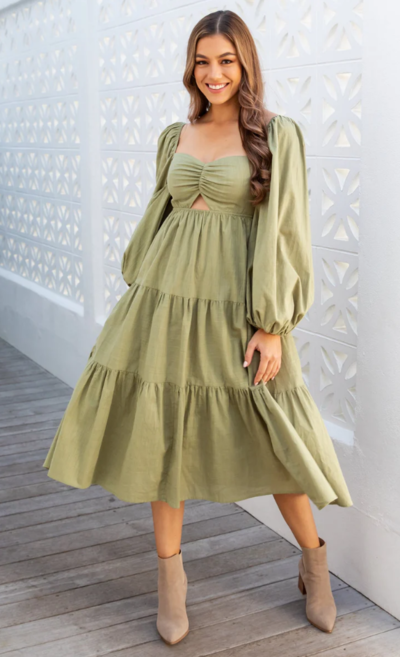 Samara Cut-Out Midi Dress Olive Green $60 (RRP $99.95) @ The Self Styler