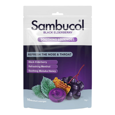 SAMBUCOL BLACK ELDERBERRY Soothing Throat Lozenges Menthol 16 soft lozenges $6.82 (RRP $9.86) @ Health Post NZ