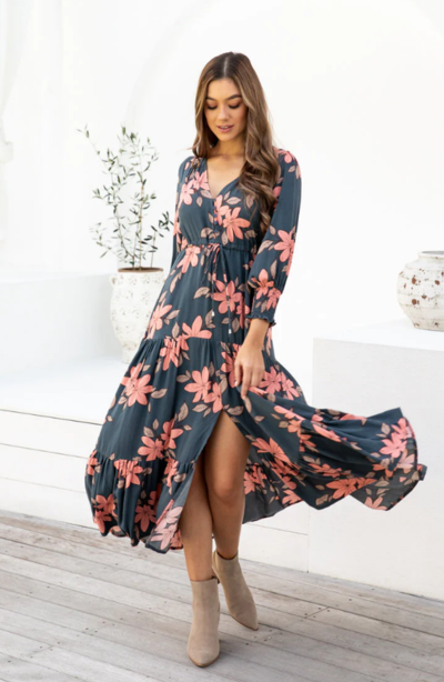 Daniella Boho Maxi Dress Peach Floral Print $60 (RRP $95) @ The Self Styler