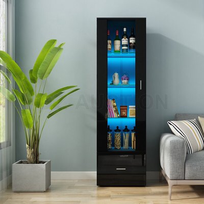 190CM Tall Side Cabinet Tallboy with Thick Glass Shelves Gloss 1 Drawer Black $349.95 (RRP $499.95) @ eBay AU