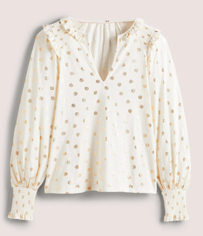 Notch Neck Smocked Frill Top Ivory, Dainty Foil $65 (RRP $130) @ Boden Clothing