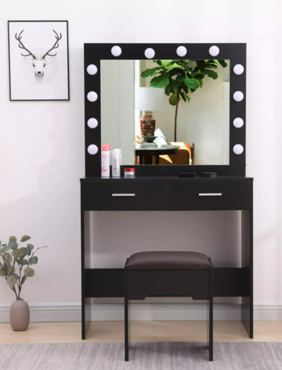 Fidel Vanity Set with Cushioned Stool and Lighted Mirror Black $518.95 (RRP $207.95) @ Dreamo