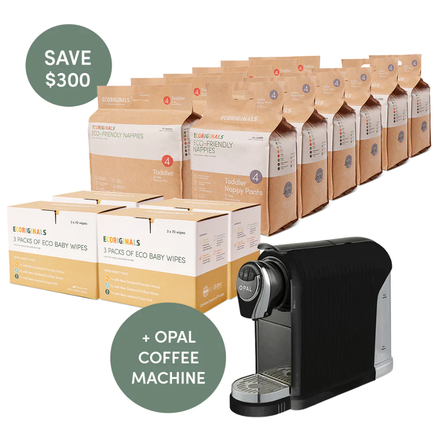 Save over $300 with bulk nappies & wipes + Coffee Machine @ Ecoriginals