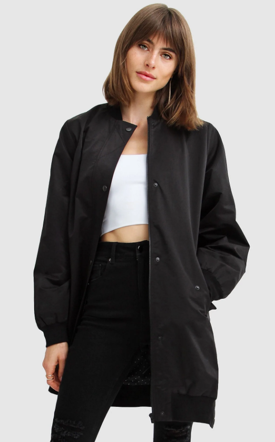 Chasing You Long Bomber Jacket Black $103.46 (RRP $259.95) @ Belle And Bloom