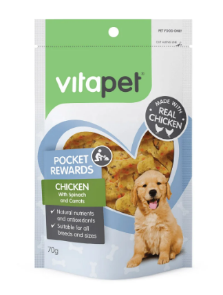 Buy Vitapet Pocket Trainer Puppy Treats – Chicken with Spinach & Carrots online at best price @ Vet Supply