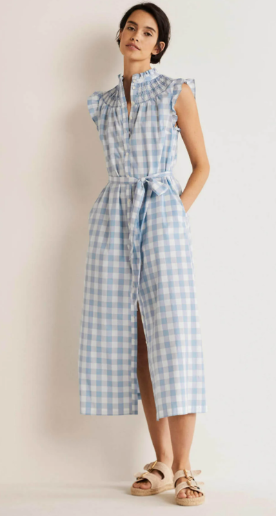 Jane Smocked Midi Shirt Dress Dusty Blue Gingham $96 (RRP $240) @ Boden Clothing