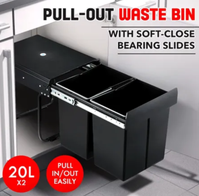 2x 20L Pull Out Trash Bin Kitchen Garbage Waste Basket w/ Soft-Close Slides $89.99 (RRP $179.95) @ Crazy Sales