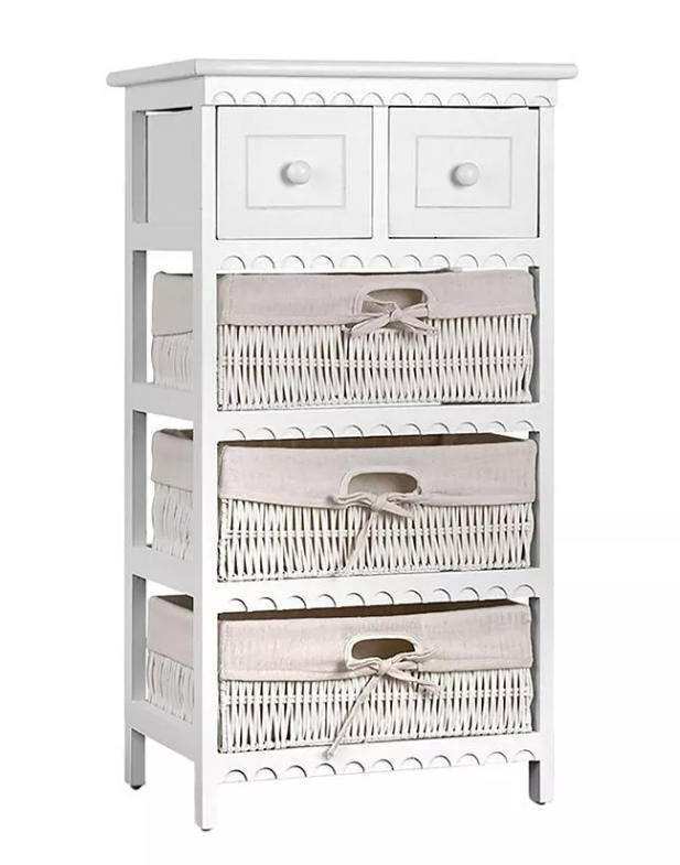 White Coastal Style Tall-boy with Wicker Baskets $124.82 (RRP $189.90) @ Dreamo