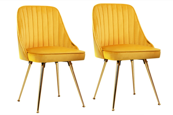 Viva Forever 2 x Yellow Velvet Dining Chairs Art Deco design with gold metal legs $185.56 (RRP $467) @ Dreamo