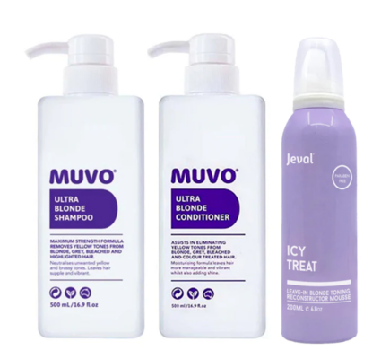 MUVO Ultra Blonde Shampoo, Conditioner & Jeval Icy Treat Reconstructor Mousse Value Pack $54.57 (RRP $85.85) @ Beautopia