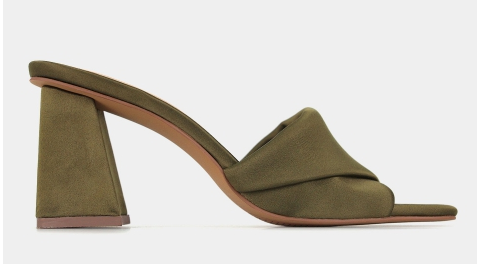 Zu WHEATLEY Flared Block Heel Mules Khaki Satin $97.99 (RRP $139.99) @ Betts AU