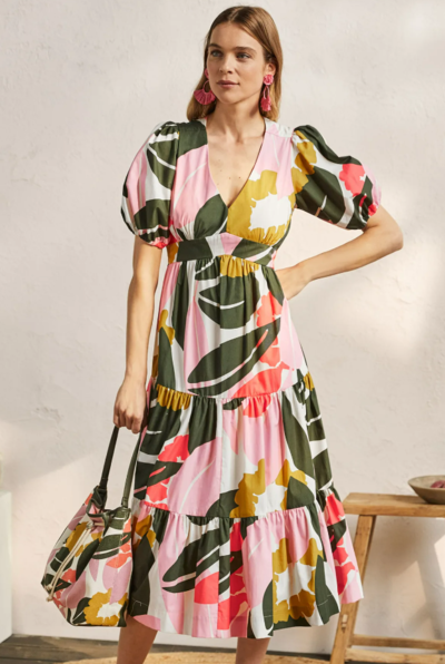 Puff Sleeve Tiered Midi Dress Ivory Abstract Bloom $138 (RRP $230) @ Boden Clothing