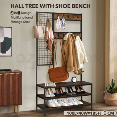 3 In 1 Entryway Hall Tree Shoe Storage Bench Coat Clothes Rack Hooks Stand Shelf $159.95 (RRP $299.950 @ eBay AU