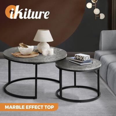 Oikiture Set of 2 Coffee Table Round Marble Nesting Side End Table Grey & Black $115.90 (RRP $289.90  @ eBay AU