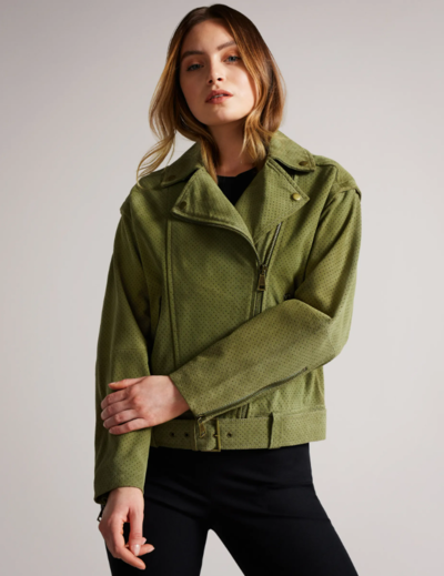 Louiey Perforated Suede Biker Jacket Medium Green $449 (RRP $899) @ Ted Baker