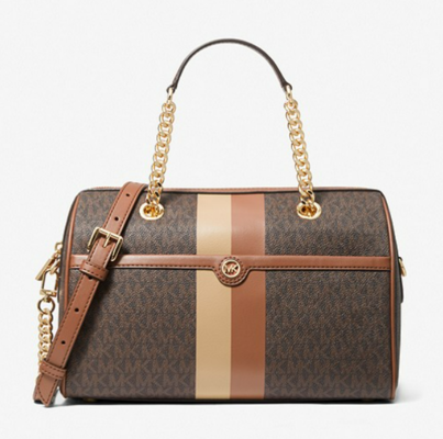 Blaire Medium Logo Stripe Satchel Brown Luggage $489 (RRP $819) @ Michael Kors