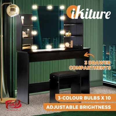 Oikiture Dressing Table Stool Set Makeup Mirror Storage Drawer 10LED Bulbs Black $209.90 (RRP $314.95) @ eBay AU