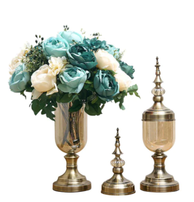 SOGA 2 x Clear Glass Flower Vase with Lid and Blue Flower Filler Vase Bronze Set $166.90 (RRP $261.90) @ Hey Hey