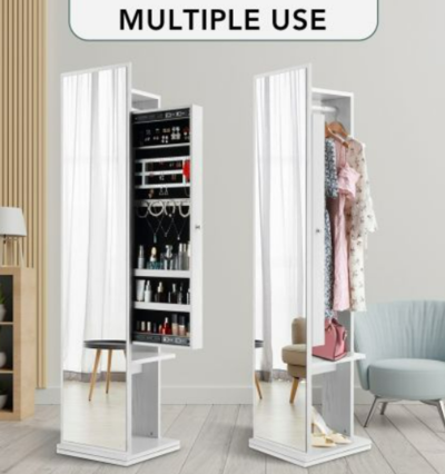 Slim Rotating Mirror Jewellery Storage Cabinet Free Standing Armoire Organizer White $229.96 (was $489.95) @ Best Deals NZ